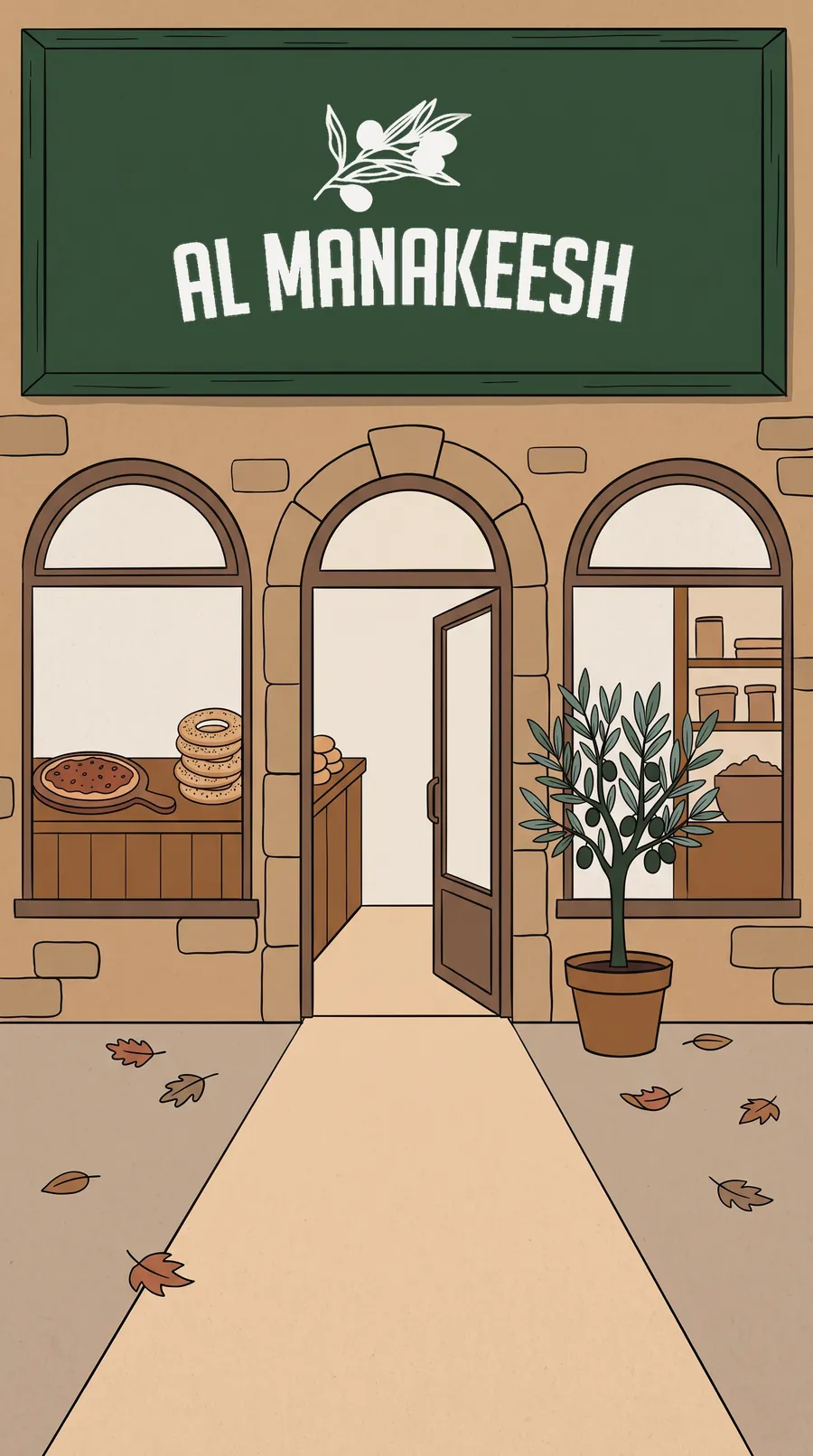 An arched Al Manakeesh storefront with the door open, illustrated