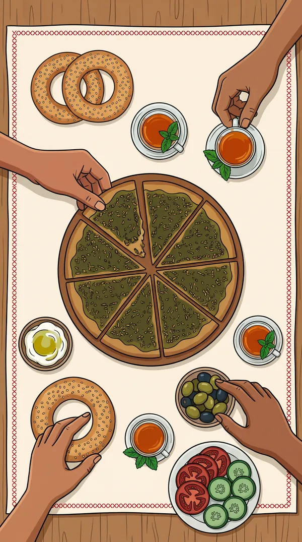 Hands sharing manakeesh, kaak, tea, labneh and olives at a morning table, illustrated