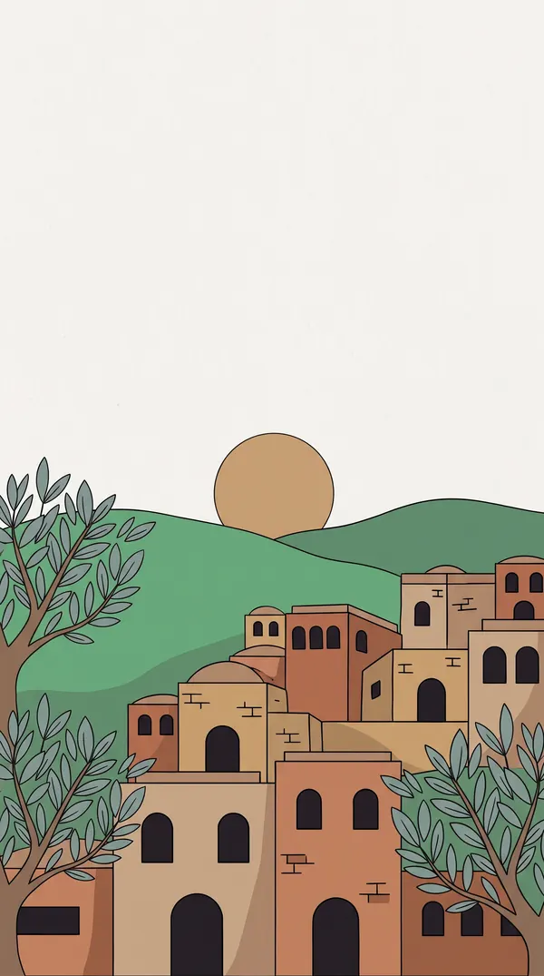 A Palestinian stone village at dawn among olive trees, illustrated